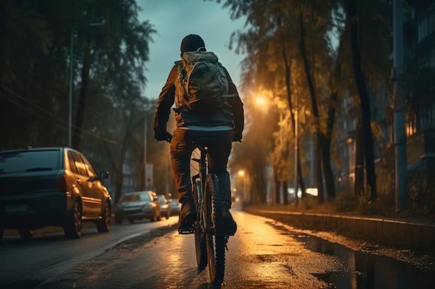 Person riding bike in the city at dusk